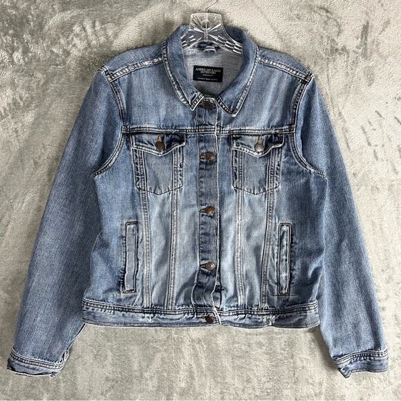 American Eagle Vintage Y2K Jean Jacket Large Distressed Denim Classic Grunge - Picture 14 of 15